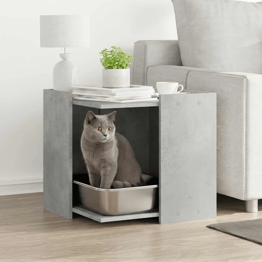 Meuble de bac à litière pour chat gris béton bois d'ingénierie