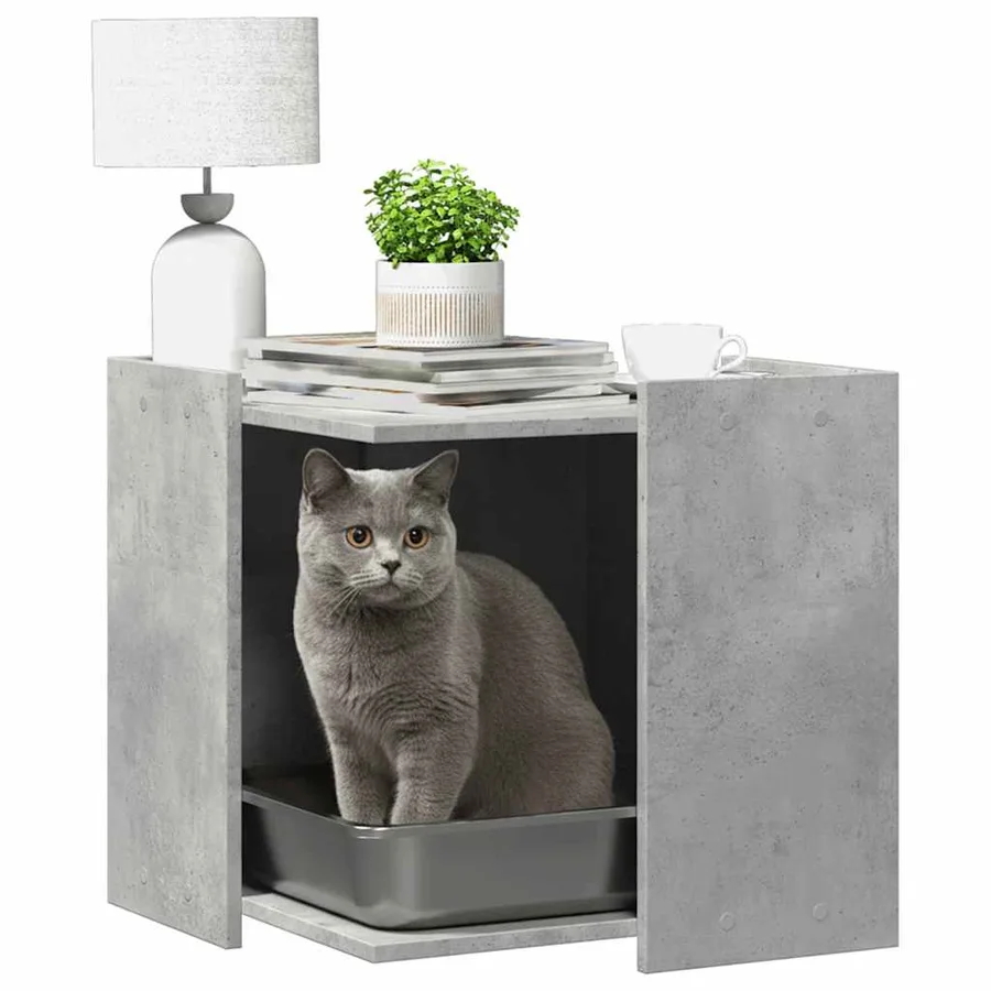 Meuble de bac à litière pour chat gris béton bois d'ingénierie - 3