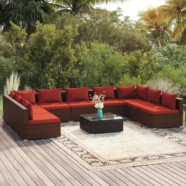 Salon de jardin 10 pcs avec coussins Résine tressée Marron