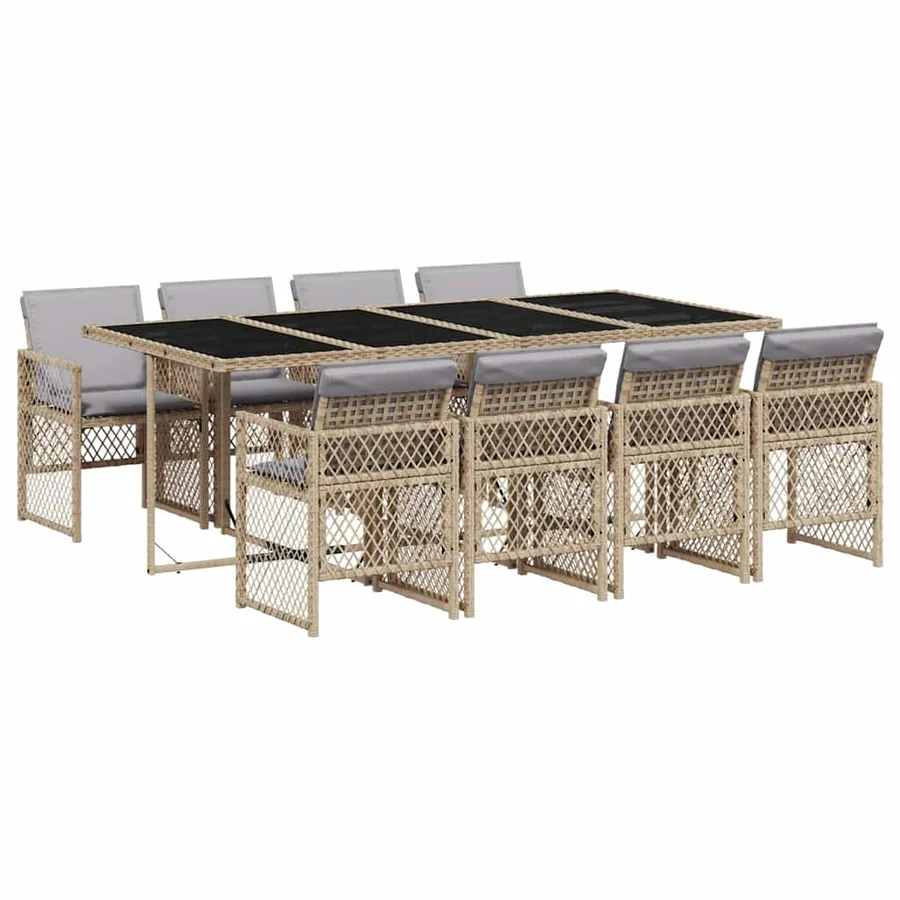 Ensemble à manger de jardin et coussins 9 pcs beige Poly rotin - 2