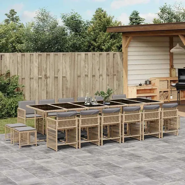 Ensemble à manger de jardin et coussins 17 pcs mélange beige
