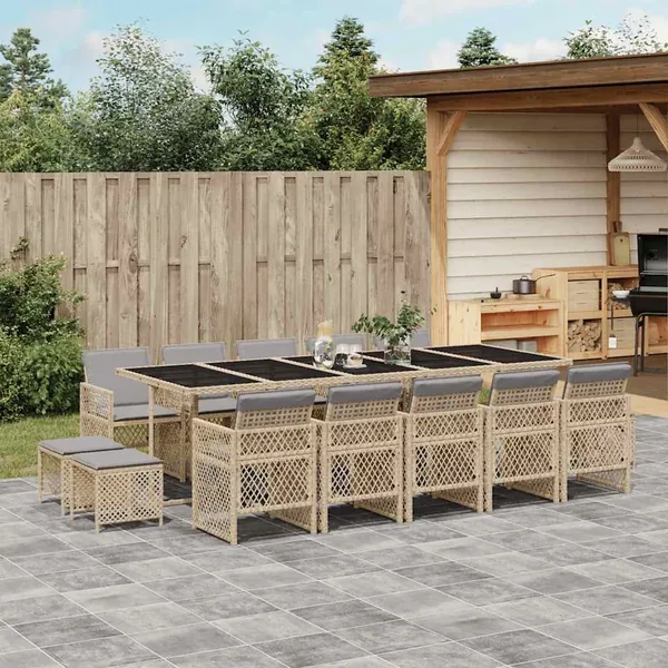 Ensemble à manger de jardin et coussins 15 pcs beige