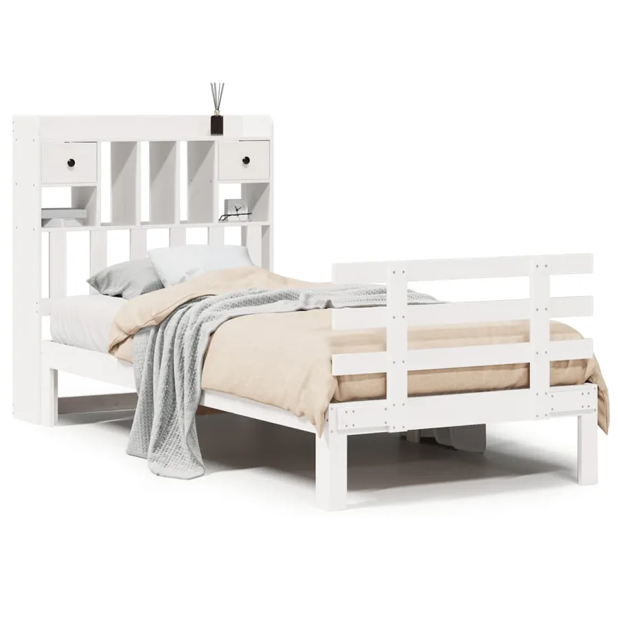 Lit bibliothèque sans matelas blanc 90x200cm bois de pin massif - 2