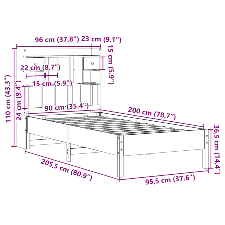Lit bibliothèque sans matelas blanc 90x200cm bois de pin massif - 11