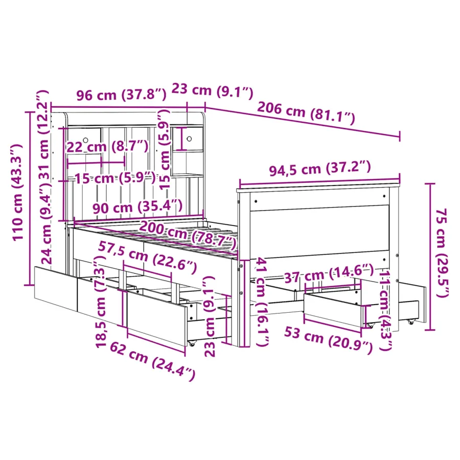 Lit bibliothèque sans matelas blanc 90x200cm bois de pin massif - 16