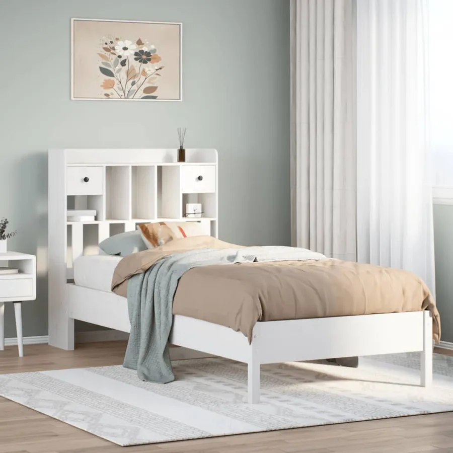 Lit bibliothèque sans matelas blanc 90x190cm bois de pin massif