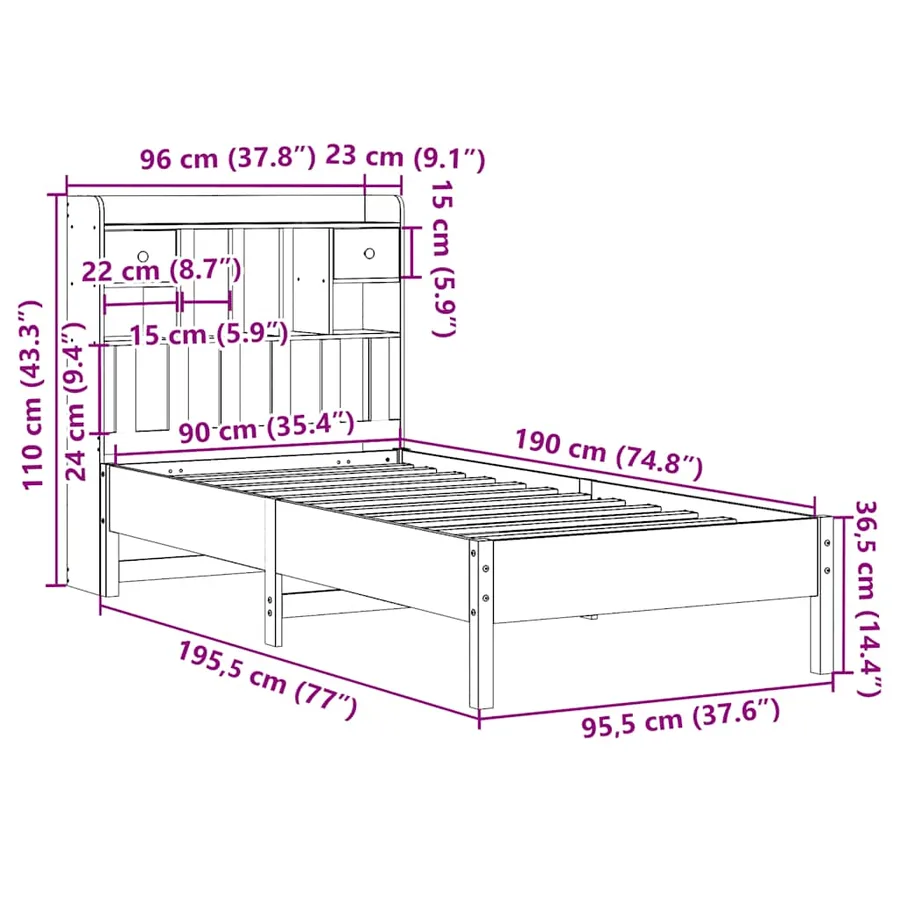 Lit bibliothèque sans matelas blanc 90x190cm bois de pin massif - 11