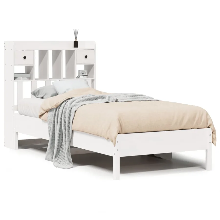 Lit bibliothèque sans matelas blanc 90x190cm bois de pin massif - 2