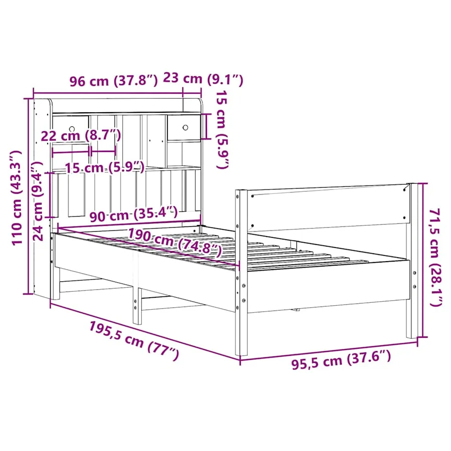 Lit bibliothèque sans matelas 90x190 cm bois de pin massif - 11