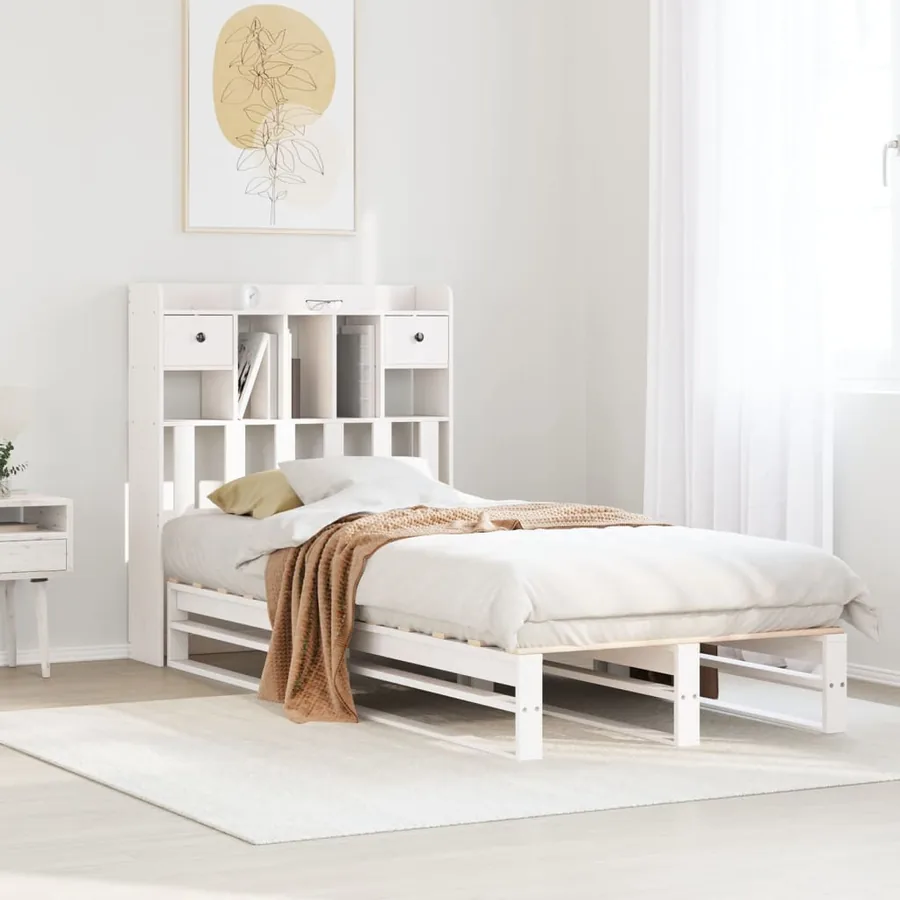 Lit bibliothèque sans matelas blanc 75x190cm bois de pin massif