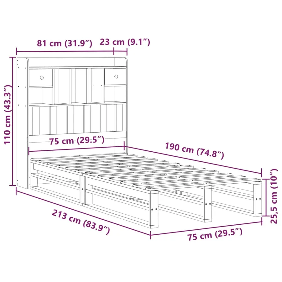 Lit bibliothèque sans matelas blanc 75x190cm bois de pin massif - 12