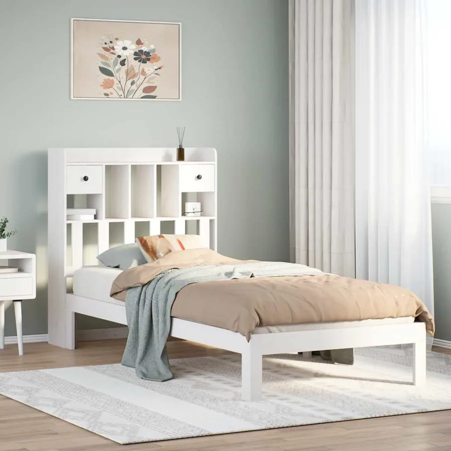 Lit bibliothèque sans matelas blanc 75x190cm bois de pin massif