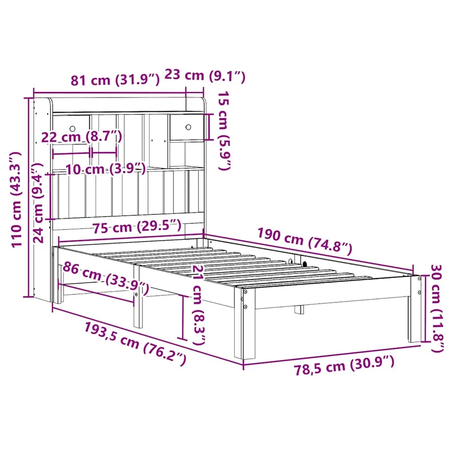 Lit bibliothèque sans matelas blanc 75x190cm bois de pin massif - 11
