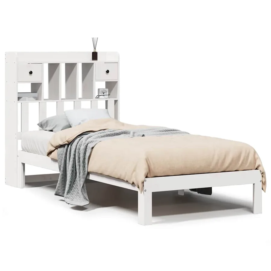 Lit bibliothèque sans matelas blanc 75x190cm bois de pin massif - 2