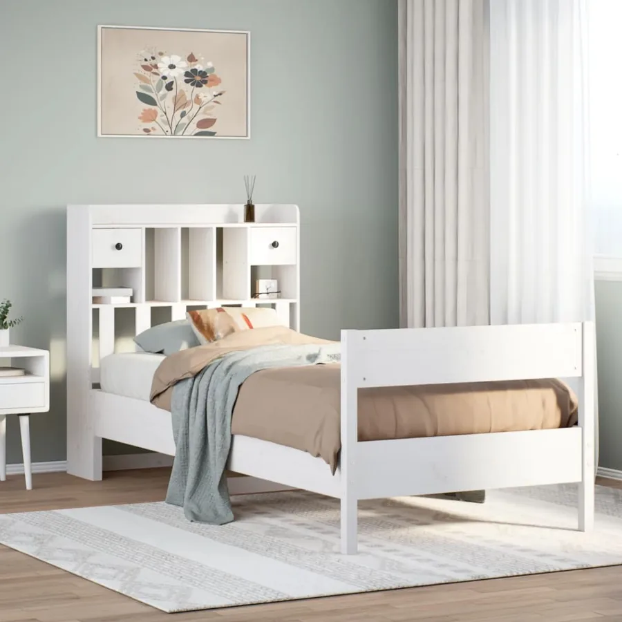 Lit bibliothèque sans matelas blanc 75x190cm bois de pin massif
