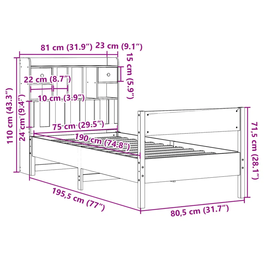 Lit bibliothèque sans matelas blanc 75x190cm bois de pin massif - 11