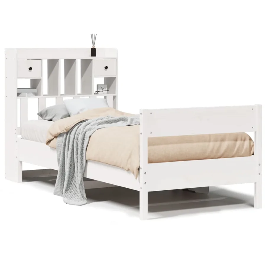 Lit bibliothèque sans matelas blanc 75x190cm bois de pin massif - 2
