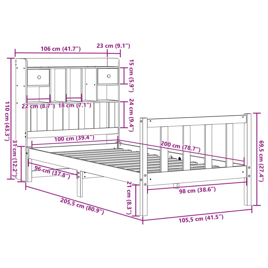 Lit bibliothèque sans matelas cire marron 100x200 cm pin massif - 11