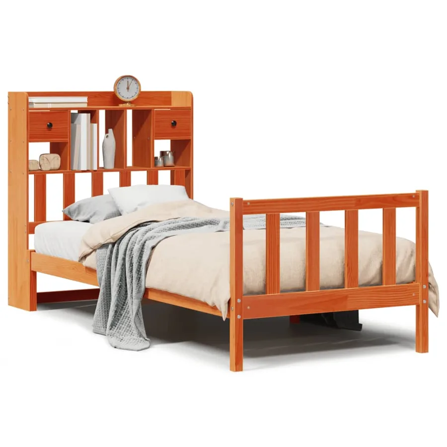 Lit bibliothèque sans matelas cire marron 100x200 cm pin massif - 2