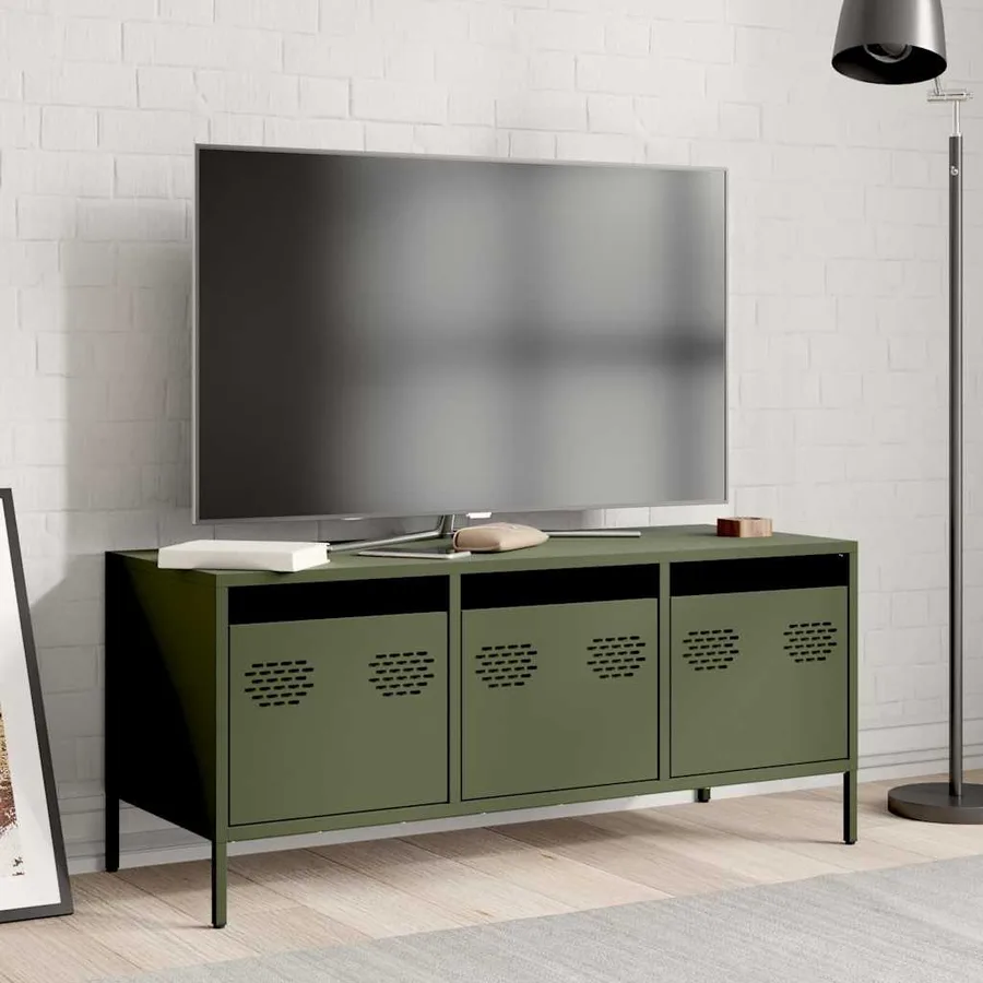 Meuble TV vert olive 101,5x39x43,5 cm acier laminé à froid - 3