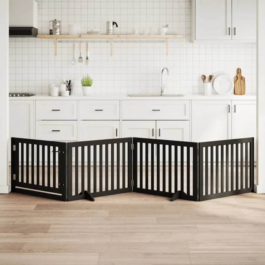Barrière pour chiens et porte 4 panneaux noir bois de peuplier