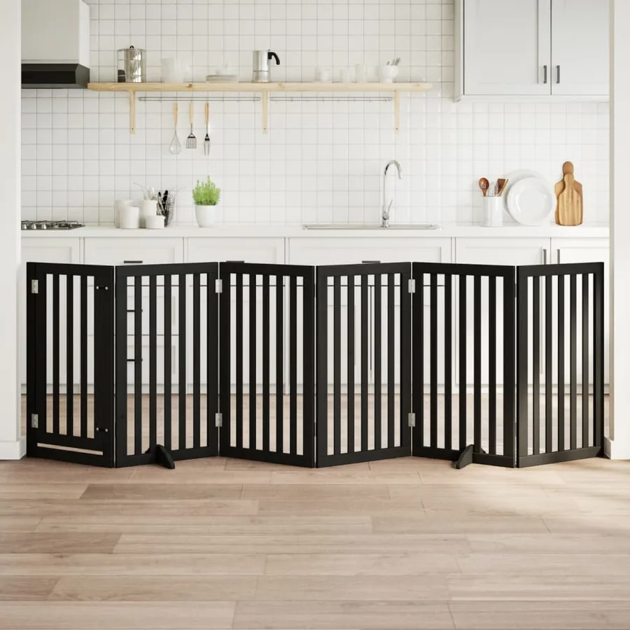 Barrière pour chiens et porte 6 panneaux noir bois de peuplier
