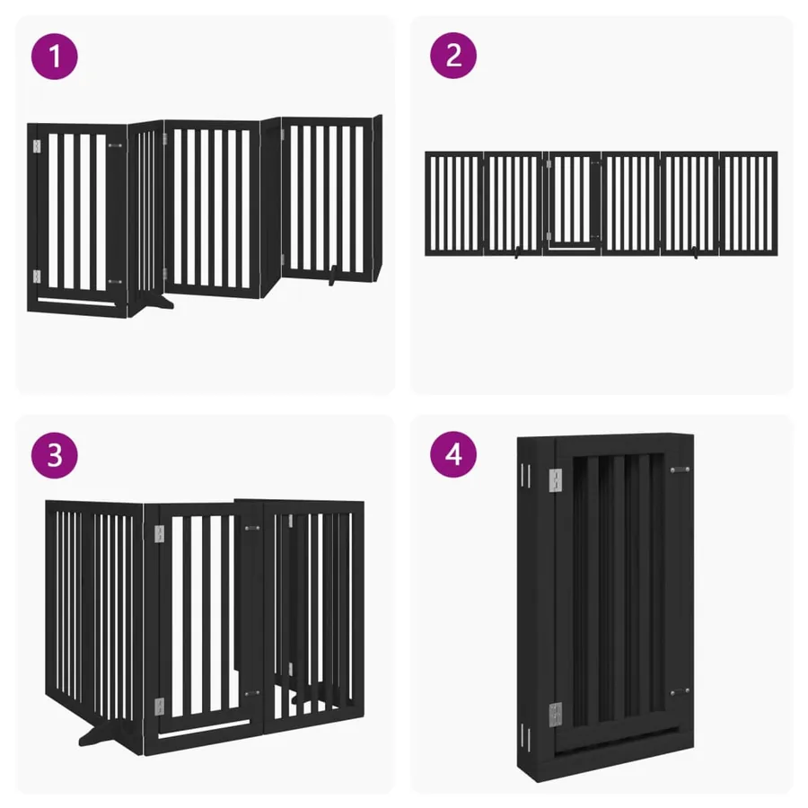 Barrière pour chiens et porte 6 panneaux noir bois de peuplier - 7