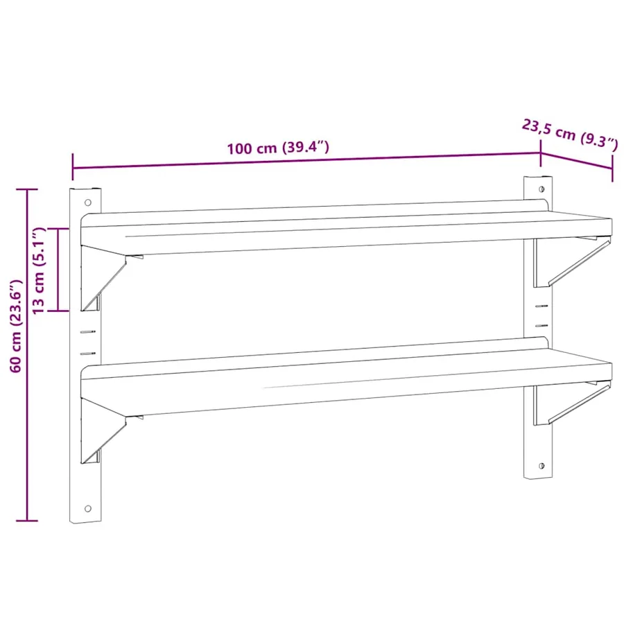 Étagère murale 2 niveaux 100x23,5x60cm argenté acier inoxydable - 11