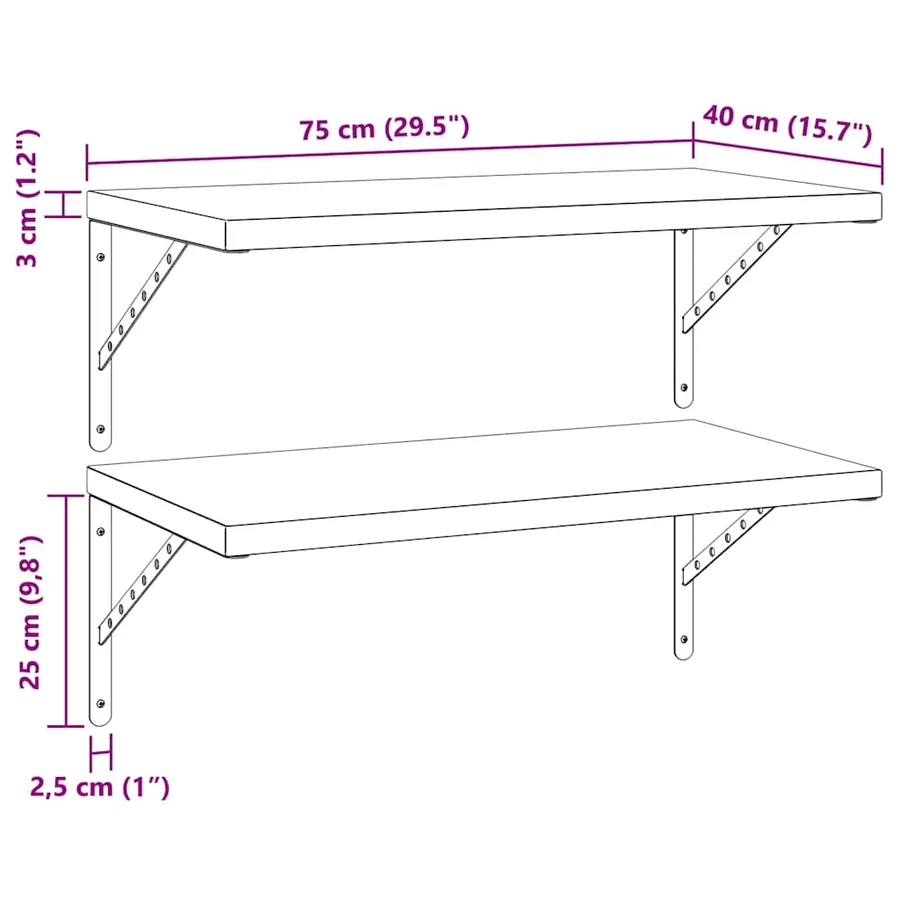 Étagères murales 2 pcs 75x40 cm noir acier inoxydable - 9