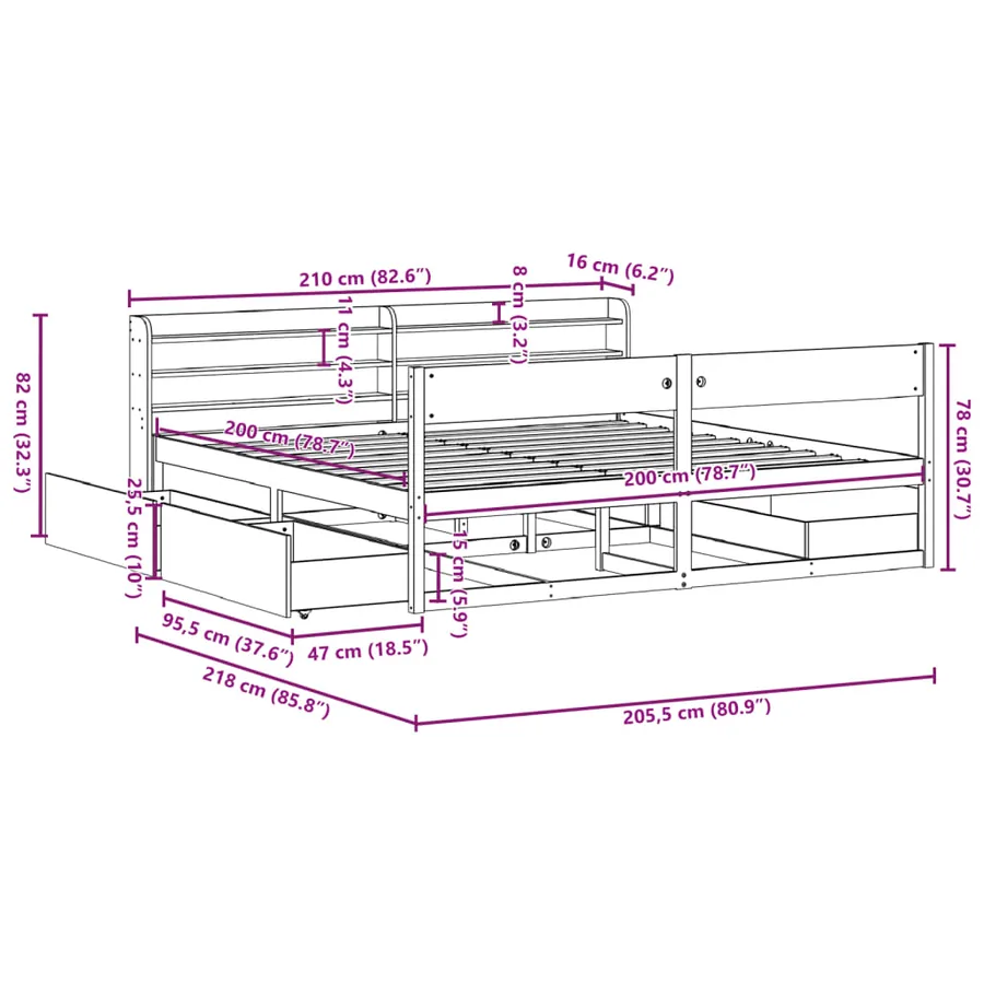 Cadre de lit sans matelas blanc 200x200 cm bois massif de pin - 12