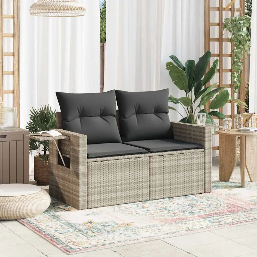 Canapé de jardin 2 places et coussins gris clair résine tressée - 3