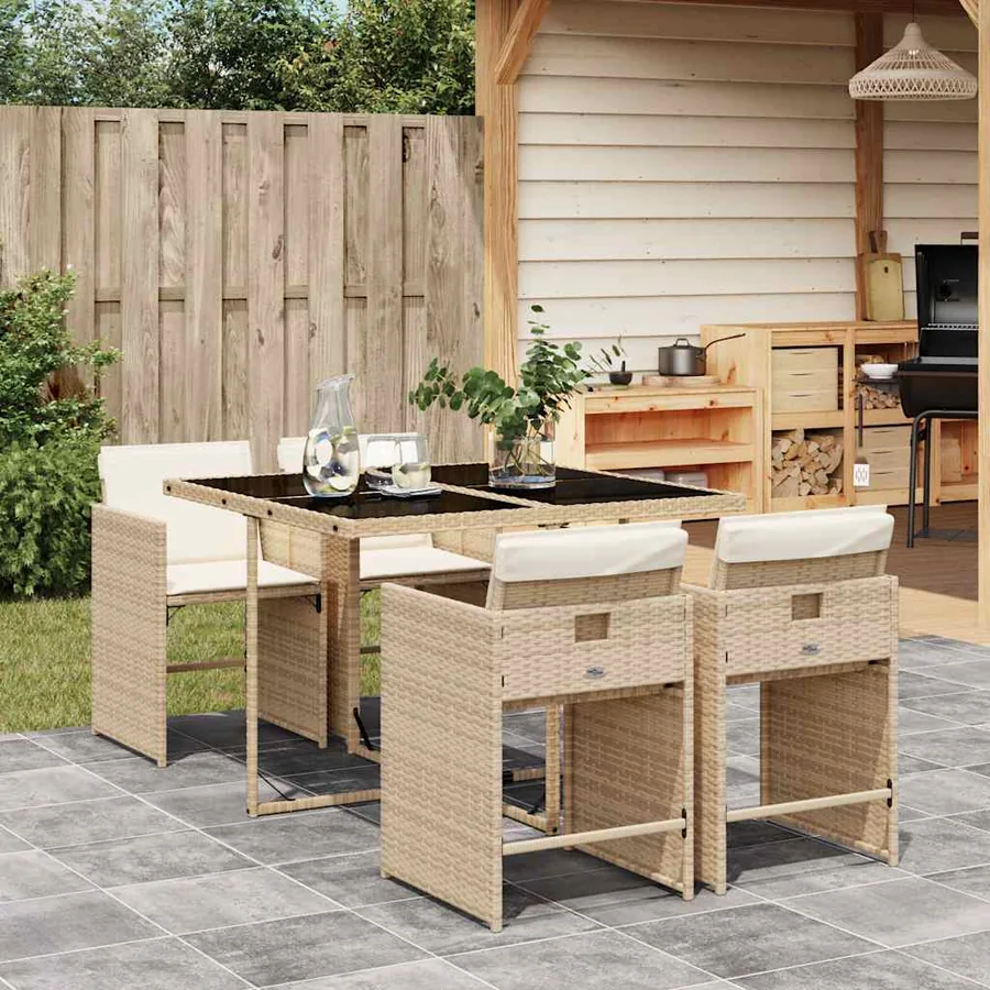 Ensemble à manger de jardin avec coussins 5pcs Beige poly rotin