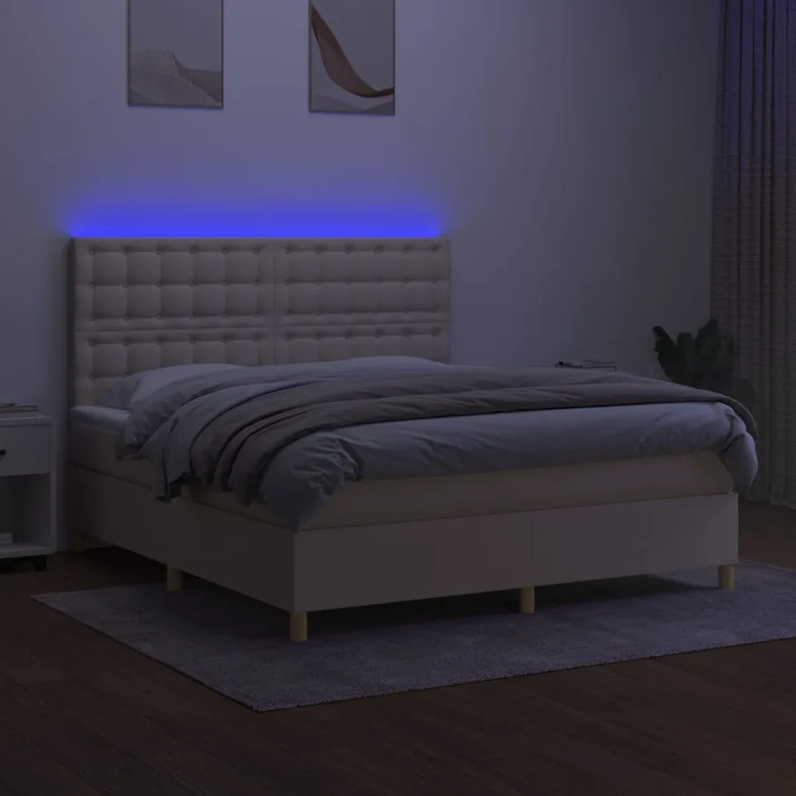 Sommier à lattes de lit et matelas et LED Crème 160x200cm Tissu - 4