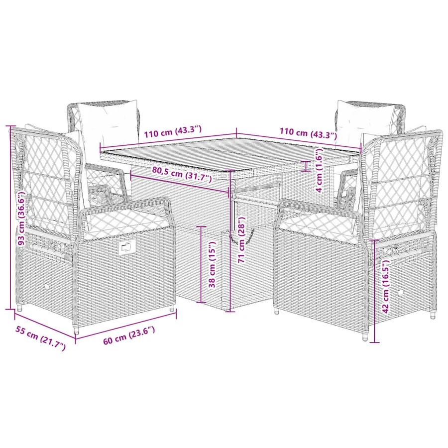 Ensemble à manger de jardin avec coussins 5pcs Beige poly rotin - 9