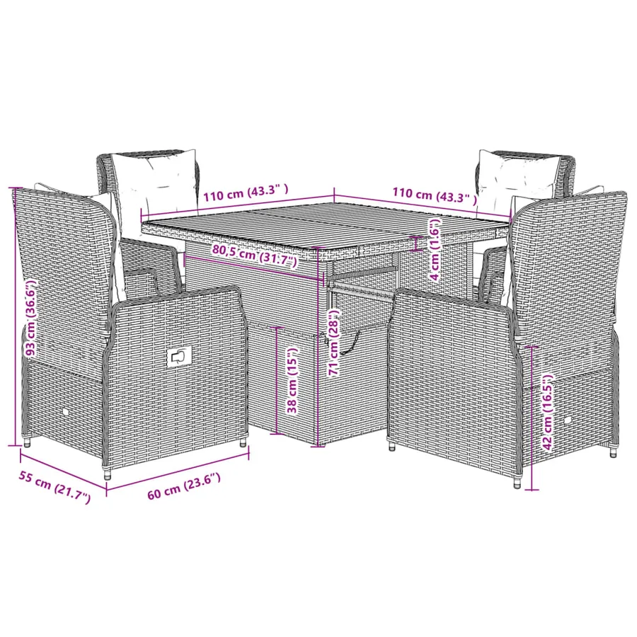 Ensemble à manger de jardin avec coussins 5pcs Beige poly rotin - 9