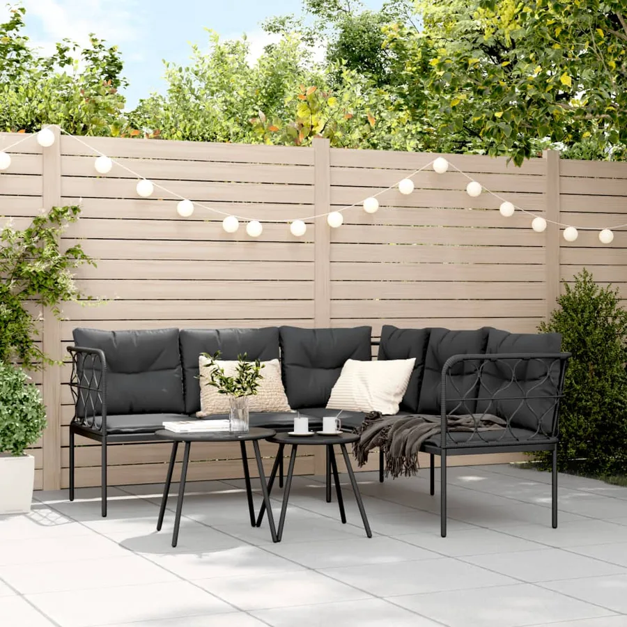 Canapé de jardin avec coussins forme de L noir acier textilène - 3