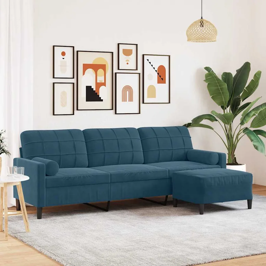 Canapé à 3 places avec repose-pieds Bleu 210 cm Velours