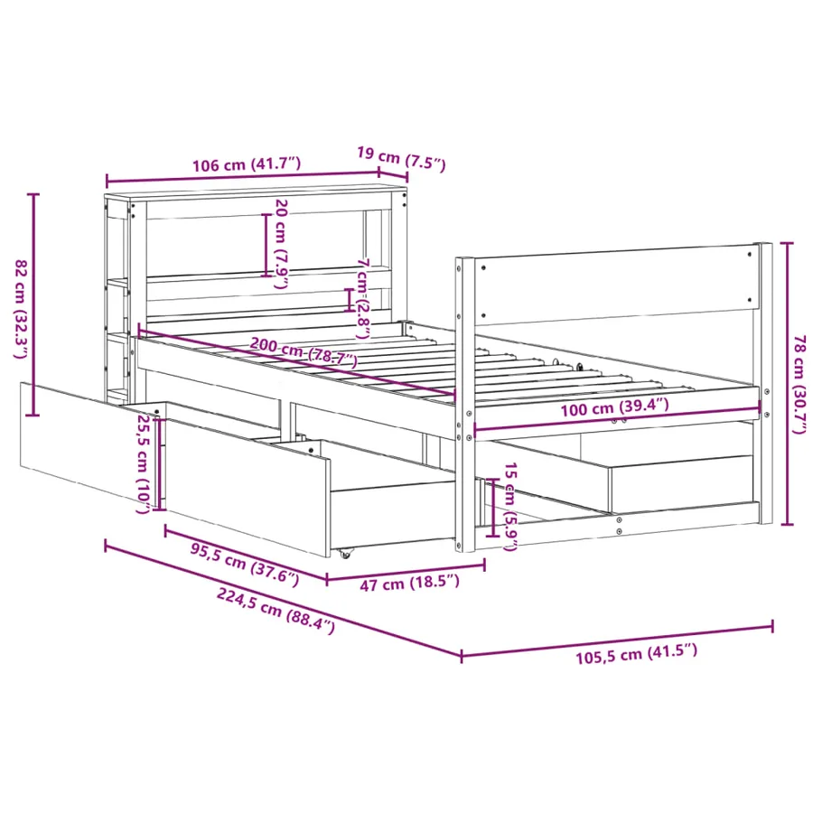 Cadre de lit sans matelas cire marron 100x200cm bois pin massif - 12