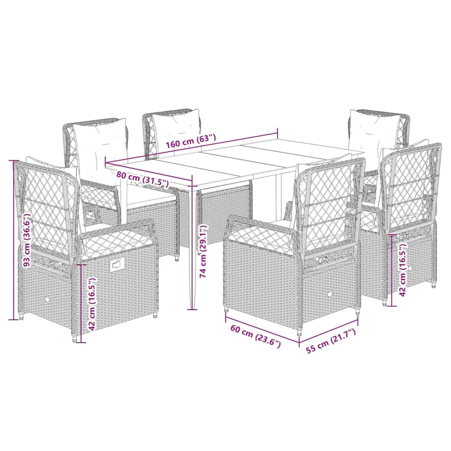 Ensemble à manger de jardin et coussins 7 pcs gris rotin - 8