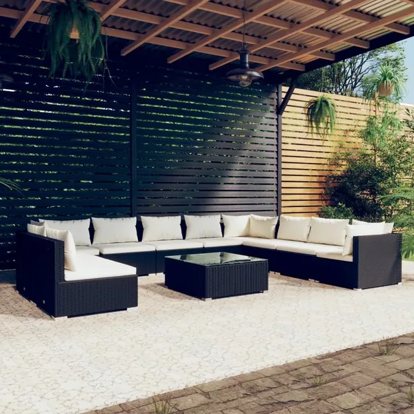 Salon de jardin 11 pcs avec coussins noir résine tressée
