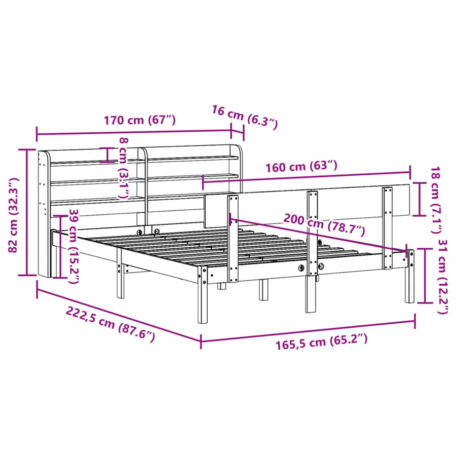 Cadre de lit sans matelas blanc 160x200 cm bois de pin massif - 12