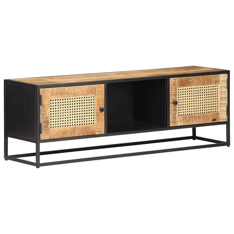 Meuble TV 120x30x40 cm Bois de manguier brut et canne naturelle - 9