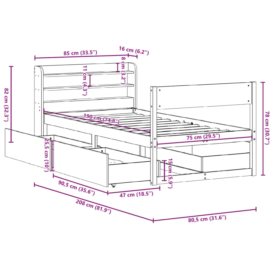 Cadre de lit sans matelas blanc 75x190 cm bois de pin massif - 12