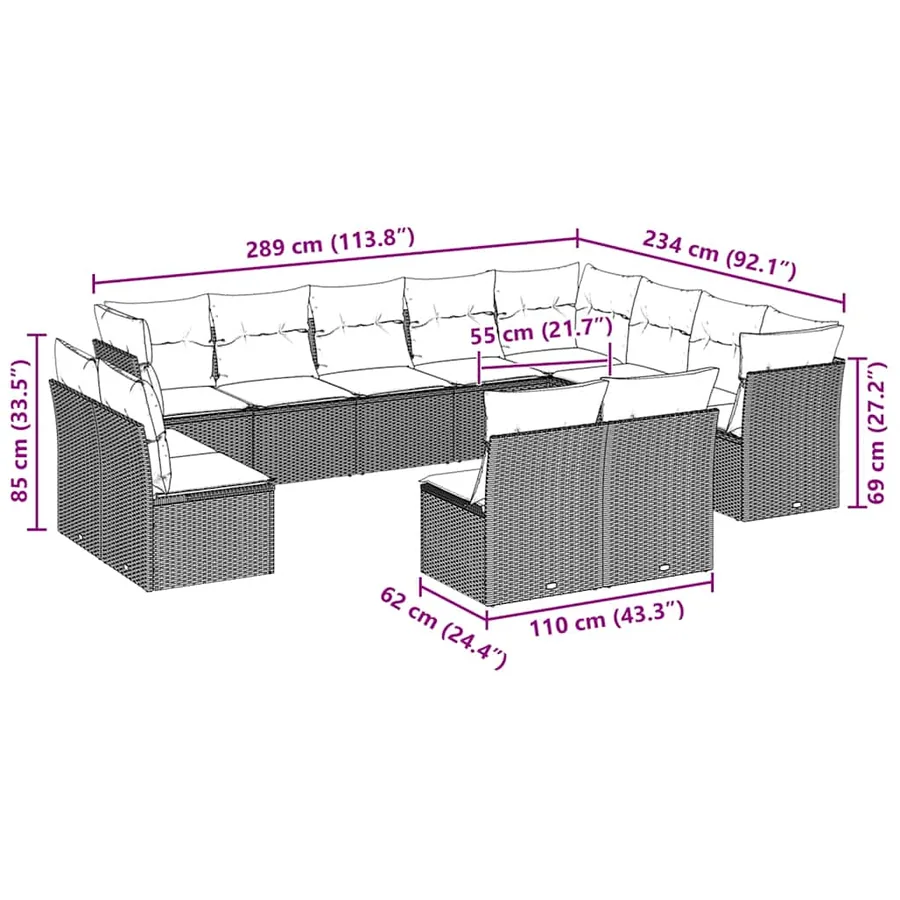 Salon de jardin avec coussins 12 pcs gris clair résine tressée - 3