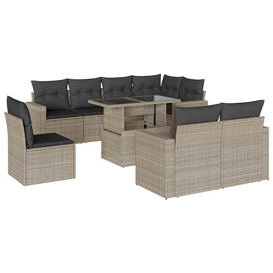 Salon de jardin 9 pcs avec coussins gris clair résine tressée - 2