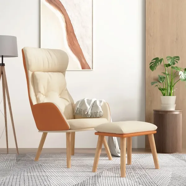 Chaise de relaxation avec repose-pied Crème Similicuir et tissu