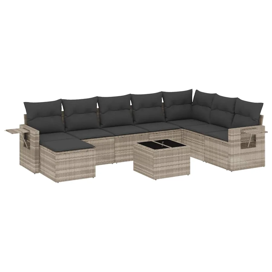 Salon de jardin 9 pcs avec coussins gris clair résine tressée - 2
