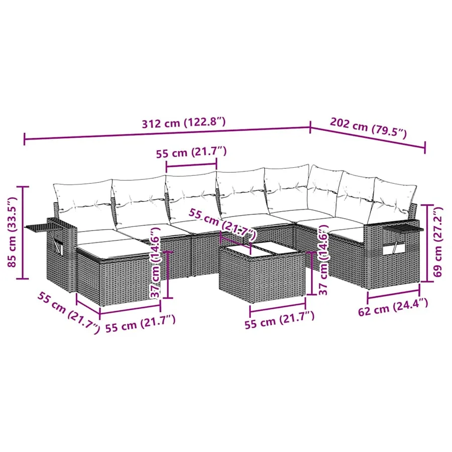Salon de jardin 9 pcs avec coussins gris clair résine tressée - 3