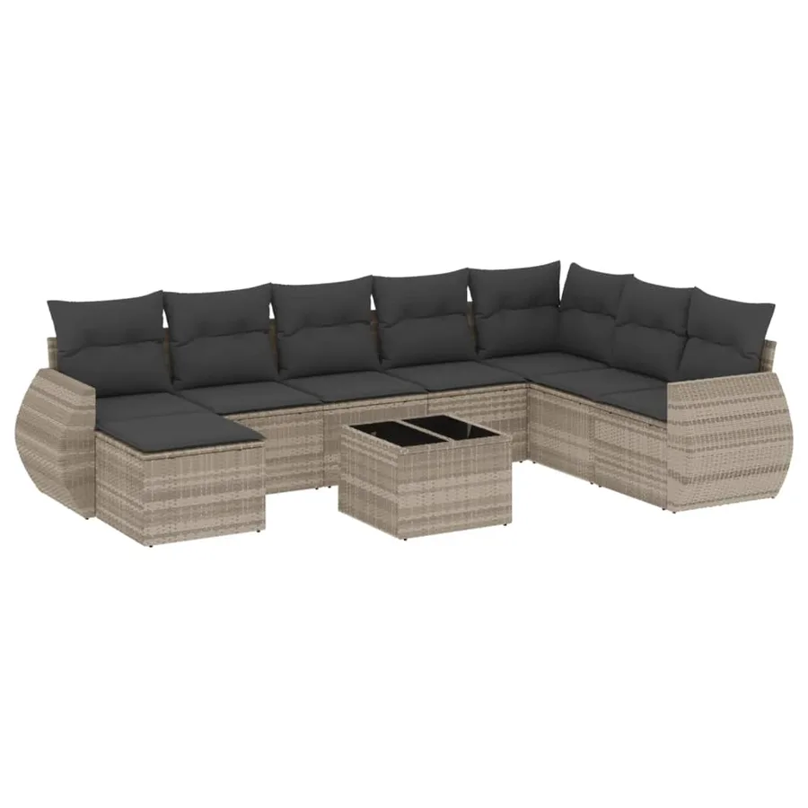 Salon de jardin 9 pcs avec coussins gris clair résine tressée - 2