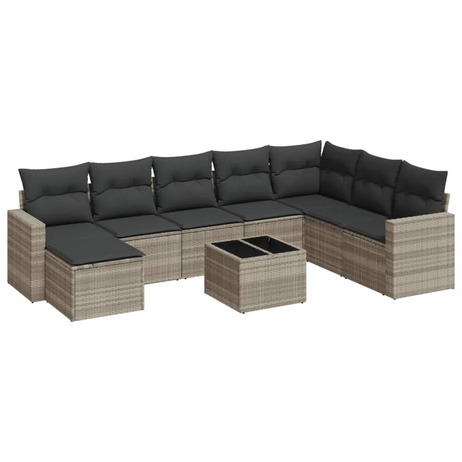 Salon de jardin 9 pcs avec coussins gris clair résine tressée - 2